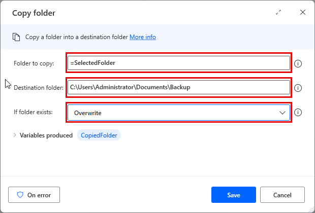 Screenshot of the Copy folder action dialog.