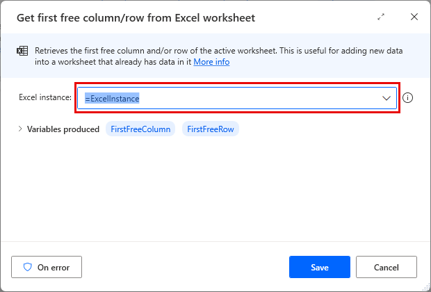 Screenshot of the Get first free column/row from Excel worksheet action dialog.