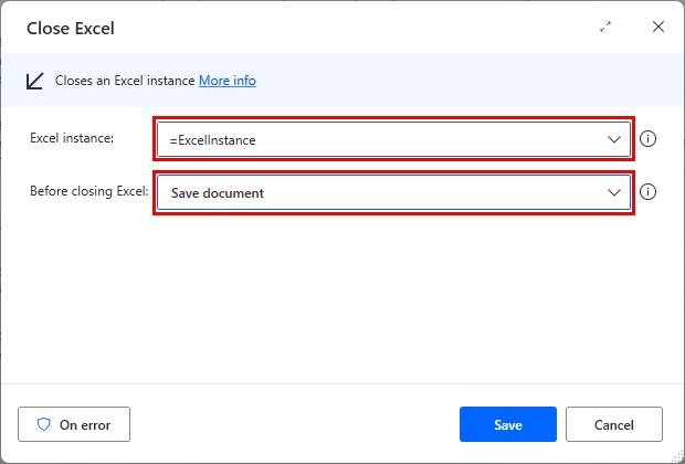 Screenshot of the Close Excel action dialog.