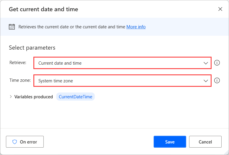 Screenshot of the Get current date and time action dialog.