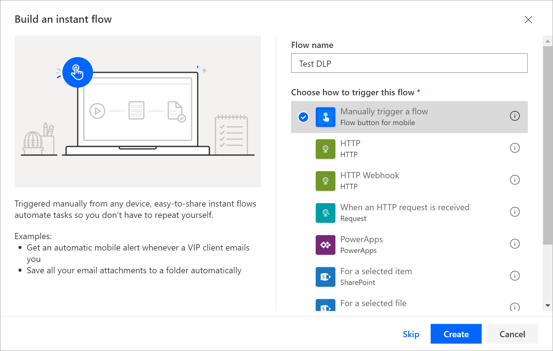 Screenshot of the Build an instant flow dialog.