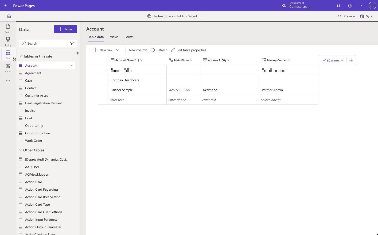 Screenshot of the table designer in Power Pages design studio Data workspace.