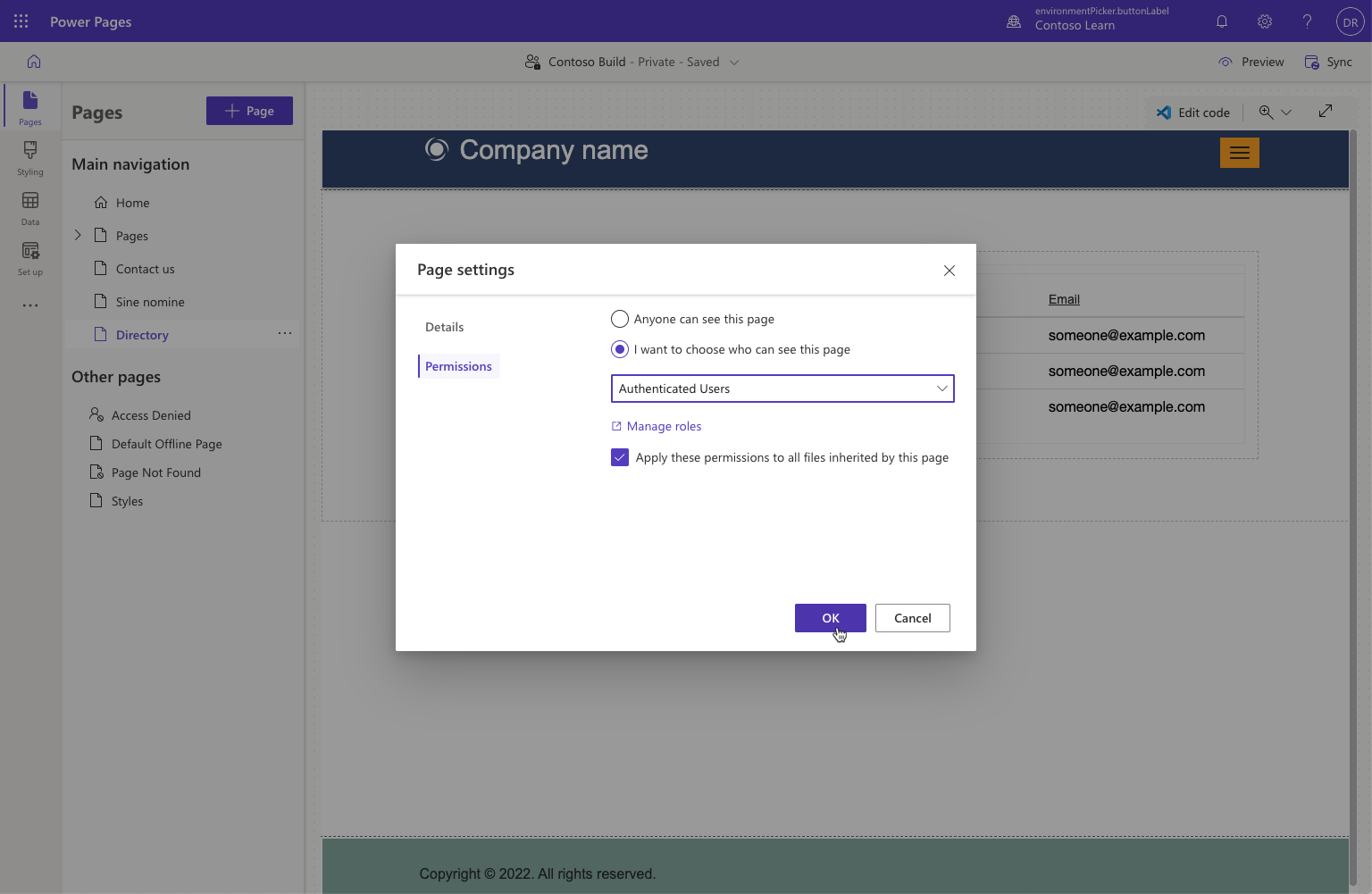 Screenshot of page properties dialog with permissions tab selected and access to the page restricted to authenticated users only.