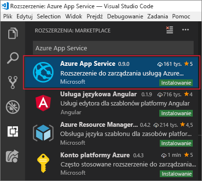 Zrzut ekranu programu Visual Studio Code przedstawiający kartę Extensions (Rozszerzenia) z rozszerzeniem usługi Azure App Service wyróżnionym w wynikach wyszukiwania.