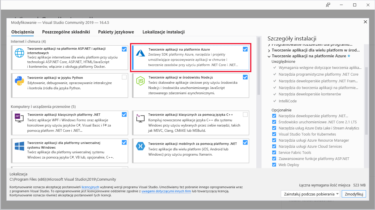 Zrzut ekranu przedstawiający Instalator programu Visual Studio Obciążenia z wyróżnionym elementem Programowanie na platformie Azure.