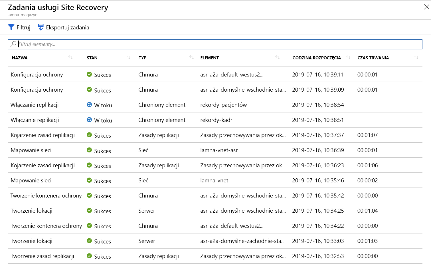 zrzut ekranu przedstawiający wszystkie zadania usługi Site Recovery.