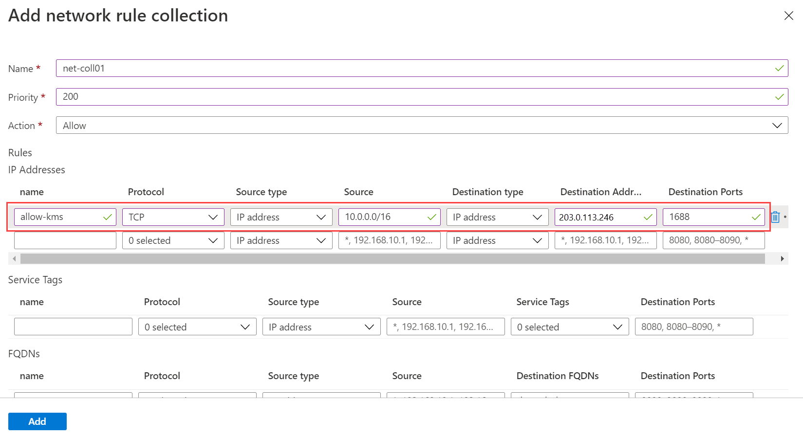 Screenshot that shows the network rule collection form filled out.