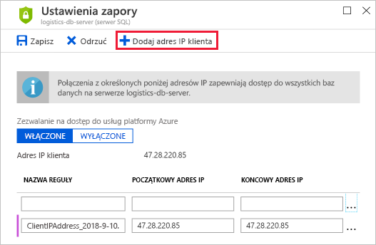 Zrzut ekranu witryny Azure Portal przedstawiający okienko Ustawień zapory bazy danych SQL z wyróżnionym pozycją Dodaj adres IP klienta.