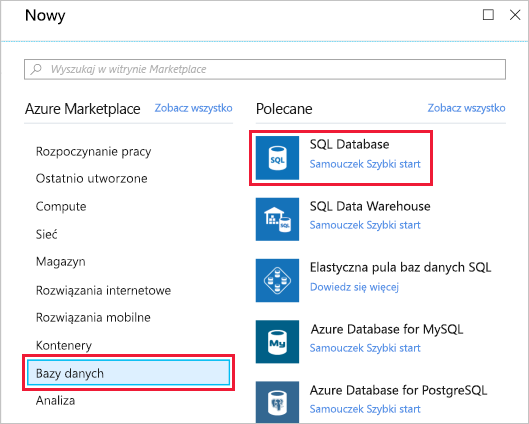 Zrzut ekranu przedstawiający okienko Tworzenie zasobu z wyróżnioną pozycją Bazy danych w menu i usługą zasobów usługi SQL Database.