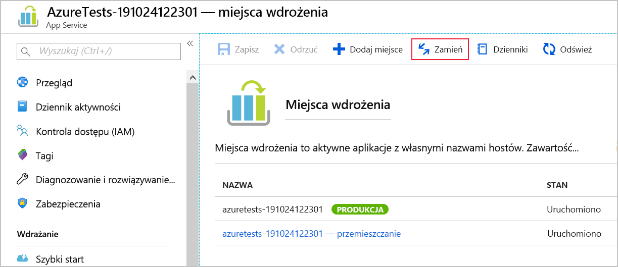 Zrzut ekranu przedstawiający zamianę miejsc wdrożenia w witrynie Azure Portal.