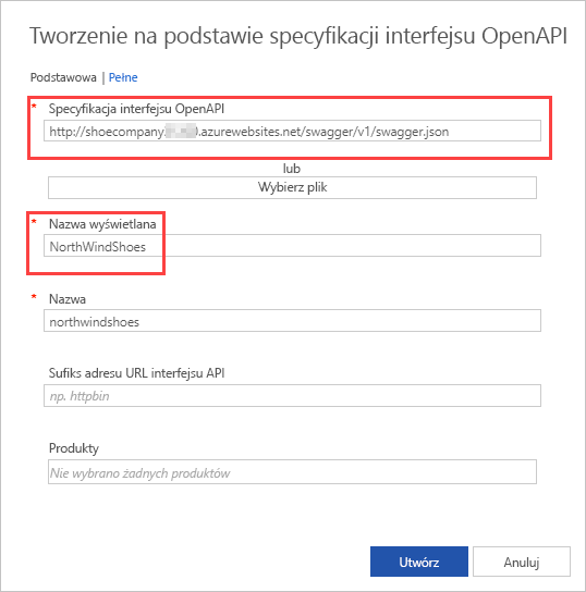 Zrzut ekranu przedstawiający tworzenie z ustawień importowania specyfikacji interfejsu OpenAPI ze specyfikacją interfejsu OpenAPI i wyróżnionymi polami nazwy wyświetlanej.