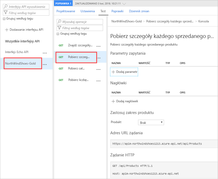 Zrzut ekranu przedstawiający konfigurację interfejsu API witryny Azure Portal z wyróżnionym testem żądania GET w zaimportowanym interfejsie API.