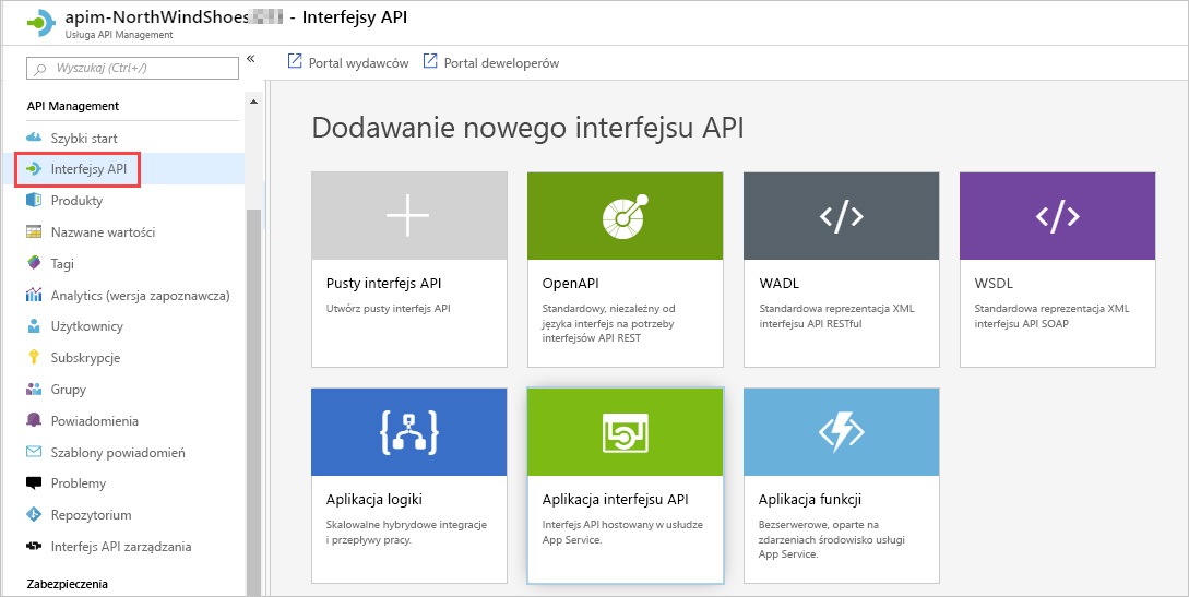 Zrzut ekranu witryny Azure Portal przedstawiający usługę API Management z wyróżnioną i wybraną sekcją interfejsów API.