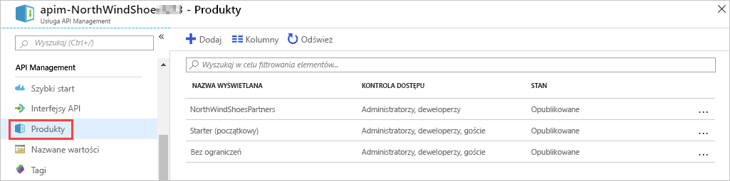 Zrzut ekranu witryny Azure Portal przedstawiający usługę API Management z wyróżnioną sekcją produktów.