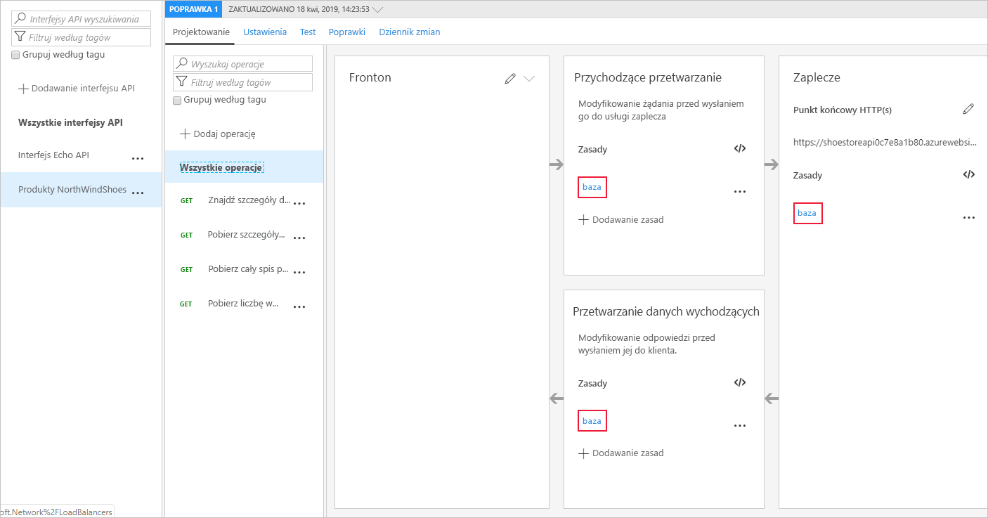 Zrzut ekranu witryny Azure Portal przedstawiający konfigurację interfejsu API dla wszystkich operacji z wyróżnionymi zasadami podstawowymi dla sekcji ruchu przychodzącego, wychodzącego i zaplecza.