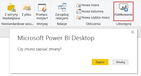 Zrzut ekranu Microsoft Power BI przycisku publikowania na pulpicie.