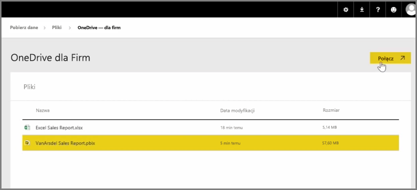 Zrzut ekranu przedstawiający OneDrive wybieranie pliku PBIX dla firm.