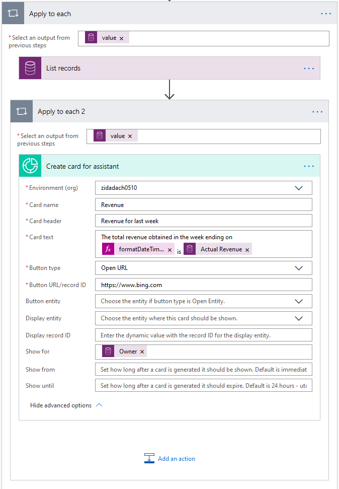 Apply to each with List records action, and then Apply to each 2 with Create card for assistant action.