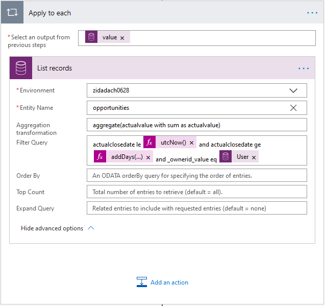 The Filter Query is set to actualclosedate le utcNow() and actualclosedate ge addDays(...) and _ownerid_value eq User.