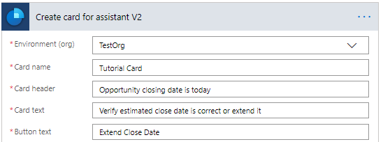 Enter environment, card name, card header, card text, and button text.