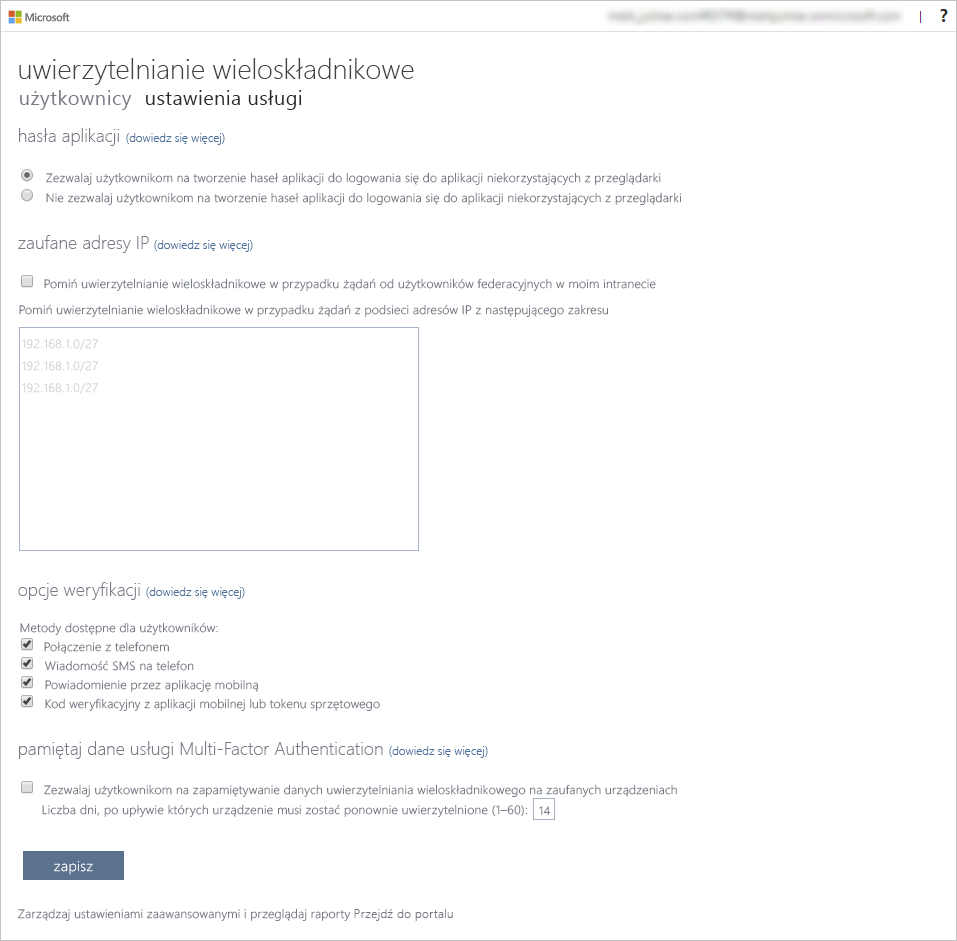 Zrzut ekranu przedstawiający konfigurację uwierzytelniania wieloskładnikowego.