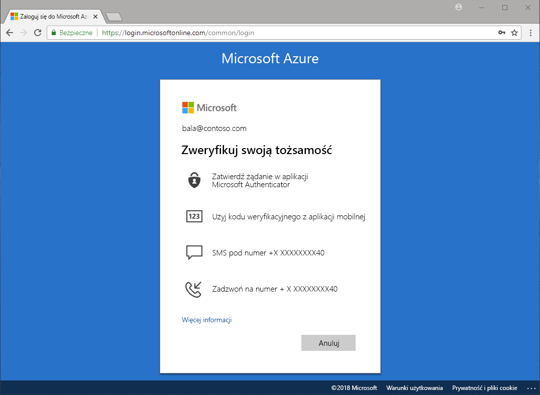 Zrzut ekranu przedstawiający prośbę o podanie dodatkowych informacji uwierzytelniania za pośrednictwem jednej z czterech metod.