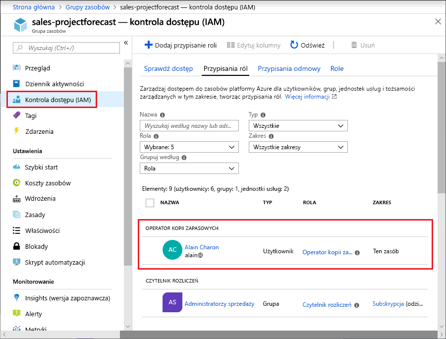 Zrzut ekranu witryny Azure Portal przedstawiający okienko Przypisywanie roli kontroli dostępu z wyróżnioną sekcją Operator kopii zapasowej.