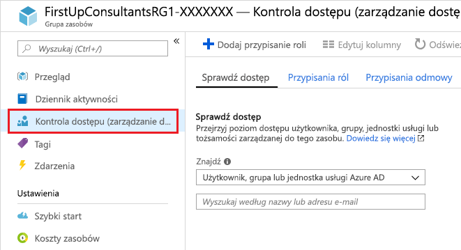 Zrzut ekranu przedstawiający opcję Kontrola dostępu (IAM) w okienku grupy zasobów.