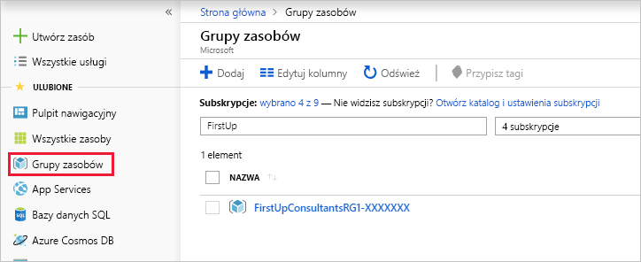 Zrzut ekranu witryny Azure Portal przedstawiający sposób wyszukiwania grup zasobów.