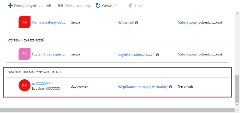 Screenshot that shows the Virtual Machine Contributor role assigned to a user.