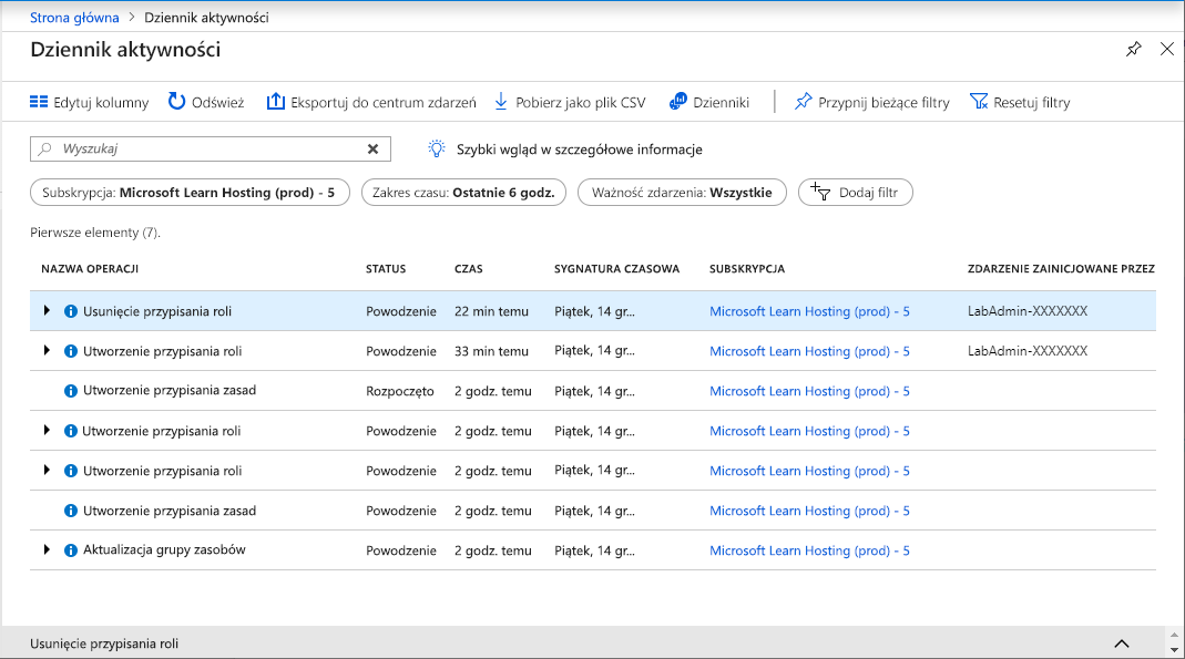 Screenshot of the Azure portal showing the Activity logs.