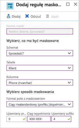 Zrzut ekranu witryny Azure Portal przedstawiający wartości dla dodania reguły maskowania.