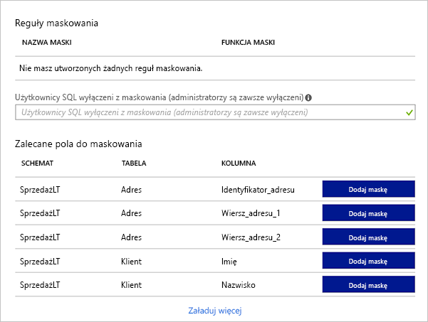 Zrzut ekranu witryny Azure Portal przedstawiający listę zalecanych masek dla różnych kolumn bazy danych w przykładowej bazie danych.