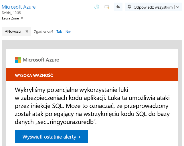 Zrzut ekranu przedstawia przykładowe ostrzeżenie powiadomienia z Microsoft Defender dla Chmury.