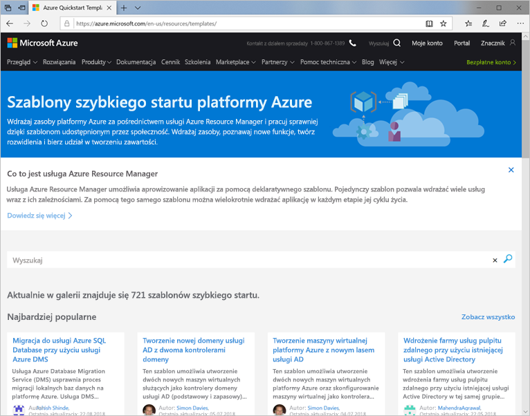 Zrzut ekranu przedstawiający szablony platformy Azure.