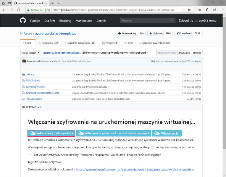 Zrzut ekranu przedstawiający szablon usługi GitHub z wyróżnionym przyciskiem Wdróż na platformie Azure.