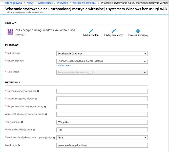 Zrzut ekranu przedstawiający szablon w witrynie Azure Portal.