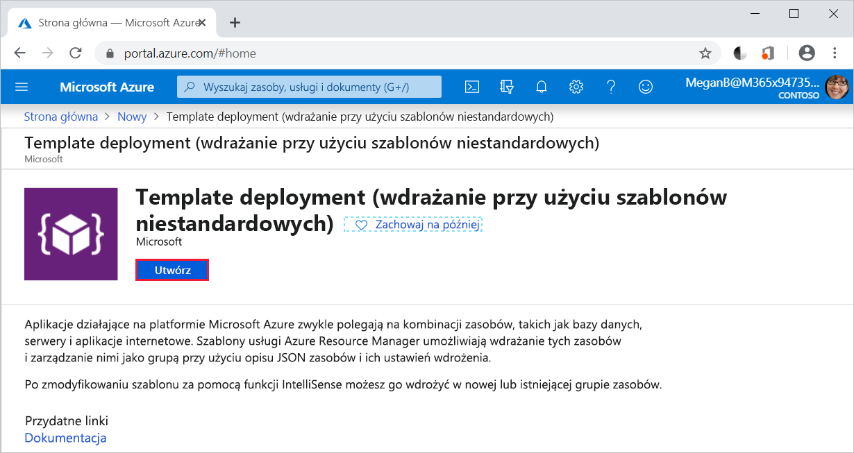 Zrzut ekranu przedstawiający element Wdrożenie szablonu wybrany z wyróżnionym przyciskiem Utwórz.