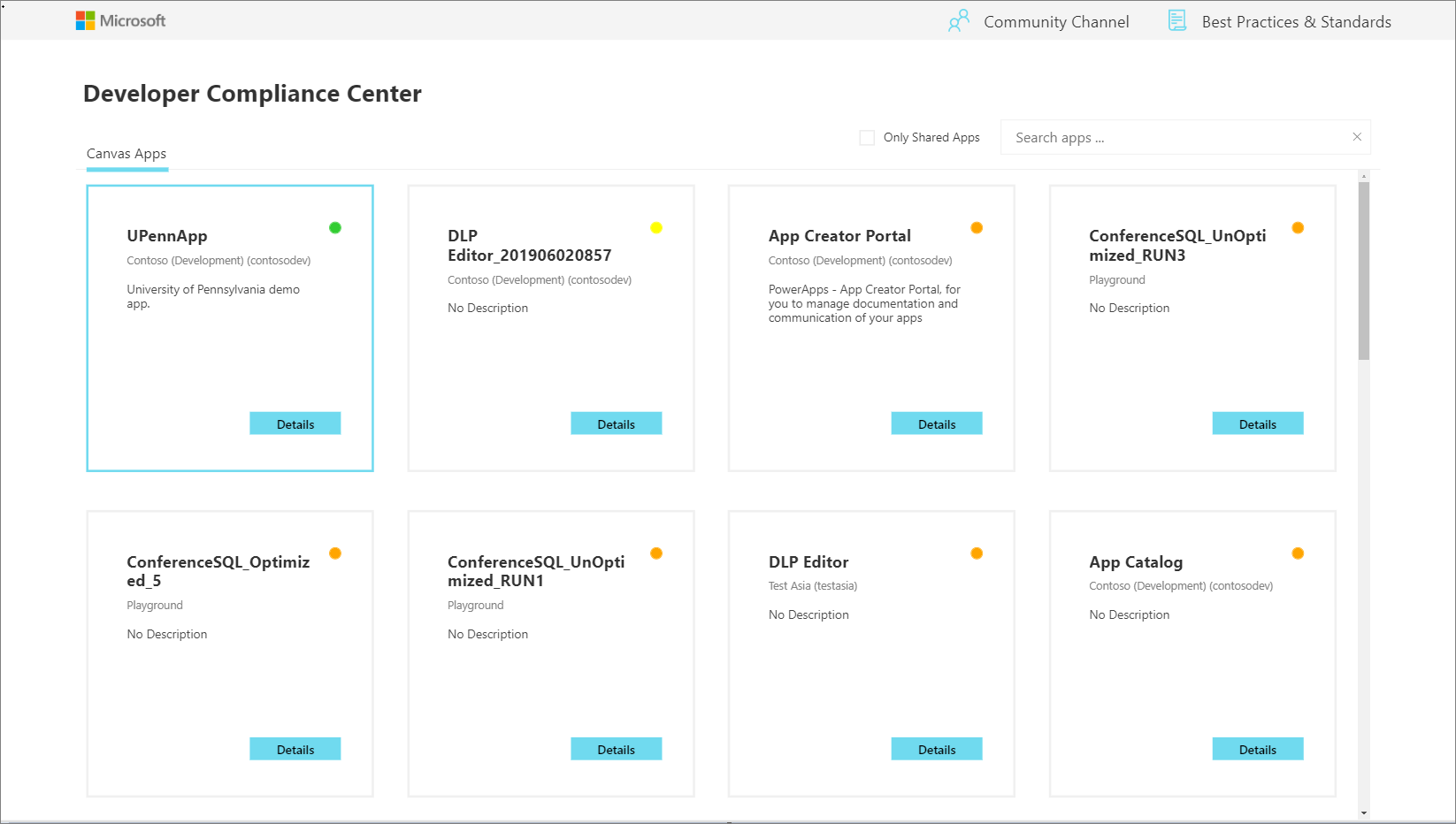 Screenshot of the C O E development compliance center.