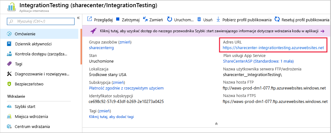 Screenshot of finding the URL for a new slot in the Azure portal.