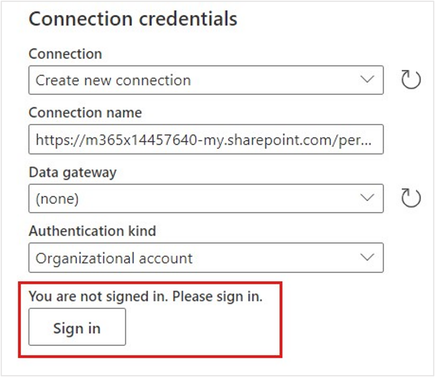 Screenshot of the Connect to data source dialog in Power Query, with the Sign in button highlighted.