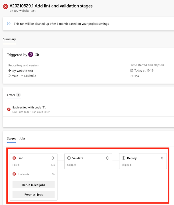 Zrzut ekranu przedstawiający przebieg potoku w usłudze Azure DevOps z błędem raportowania etapów lint.