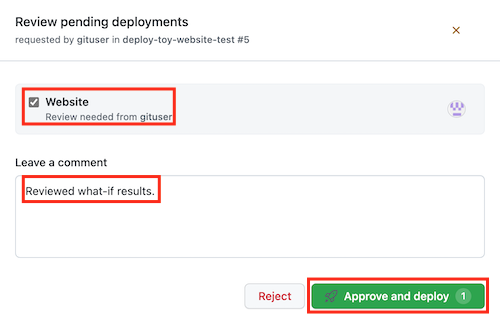 Zrzut ekranu przedstawiający interfejs usługi GitHub przedstawiający stronę zatwierdzania przepływu pracy z wyróżnionym przyciskiem Zatwierdź.