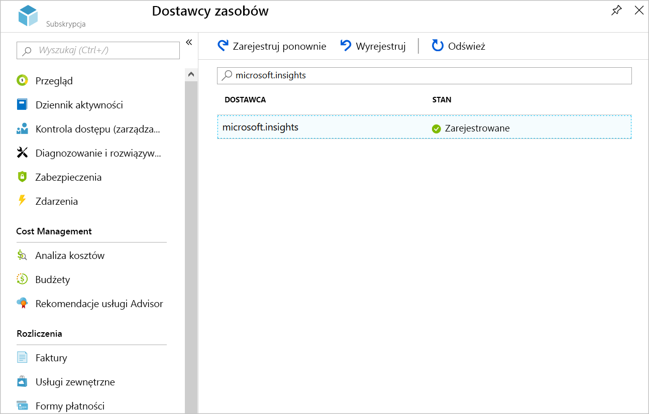 Screenshot showing the registered Microsoft.Insights provider.