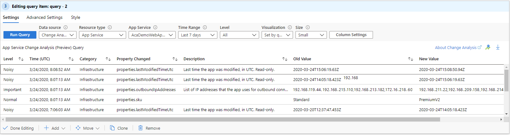 Screenshot that shows a workbook with Change Analysis.