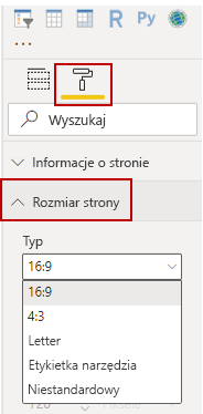 Obraz opcji „Rozmiar strony” w okienku Wizualizacje.