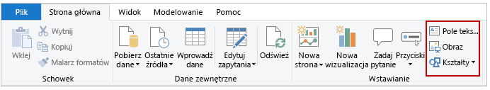 Zrzut ekranu przycisków „Pole tekstowe”, „Obraz” i „Kształty” na karcie Strona główna.