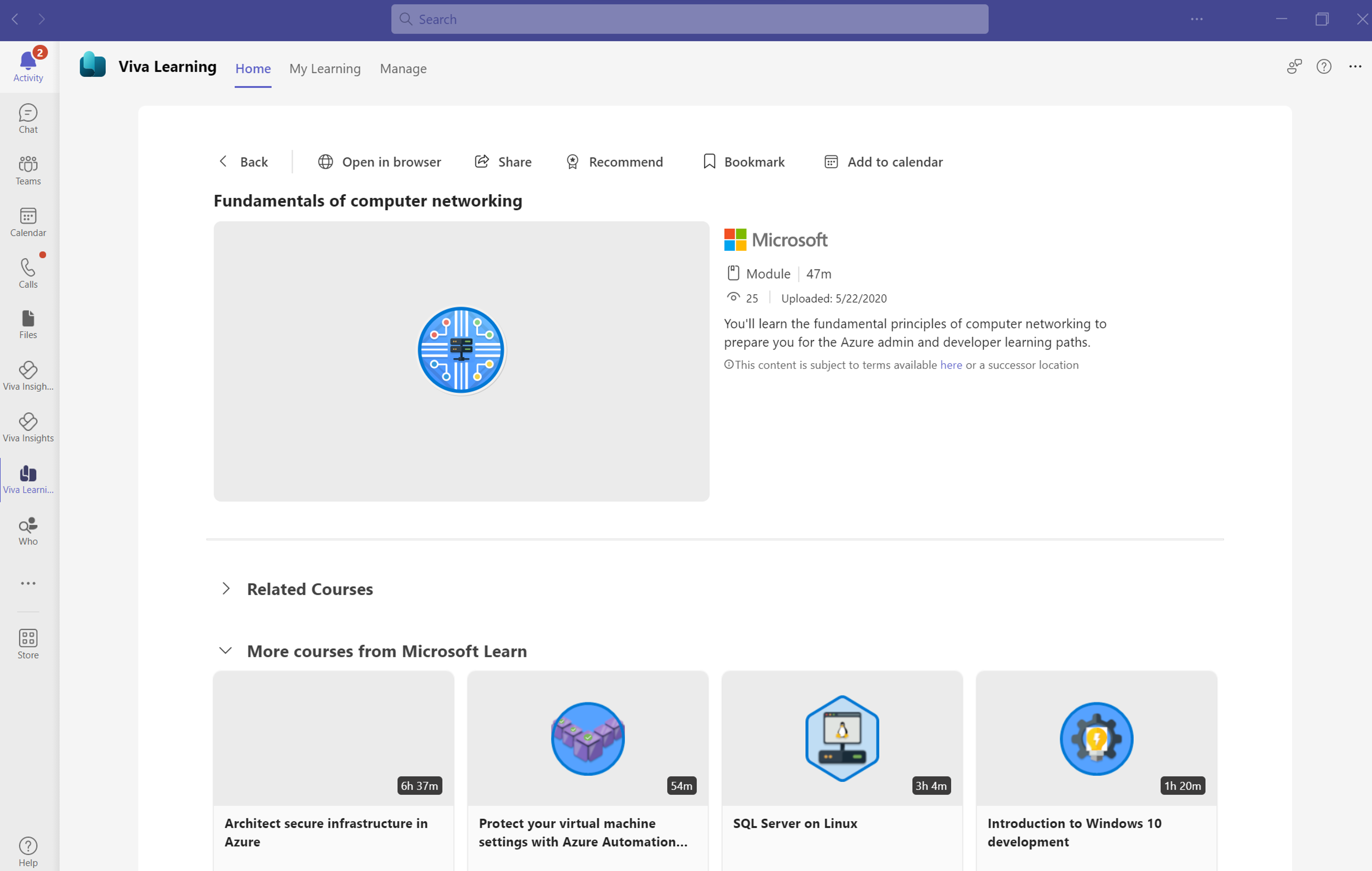 Screenshot of Viva Learning showing the detail page for the Learn module titled Fundamentals of computer networking