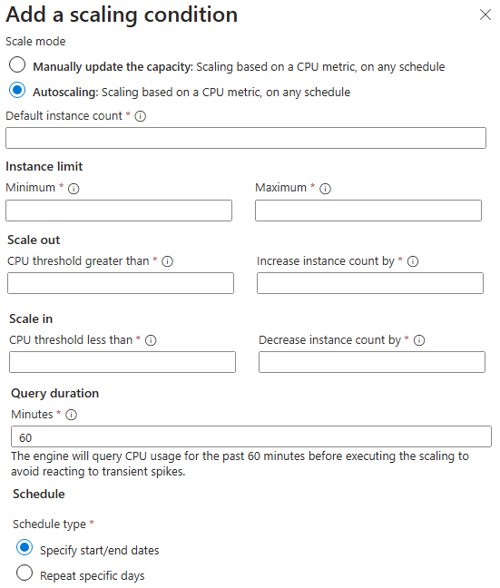 Zrzut ekranu przedstawiający ustawienia konfigurowania wystąpień maszyn wirtualnych i autoskalowania w witrynie Azure Portal.