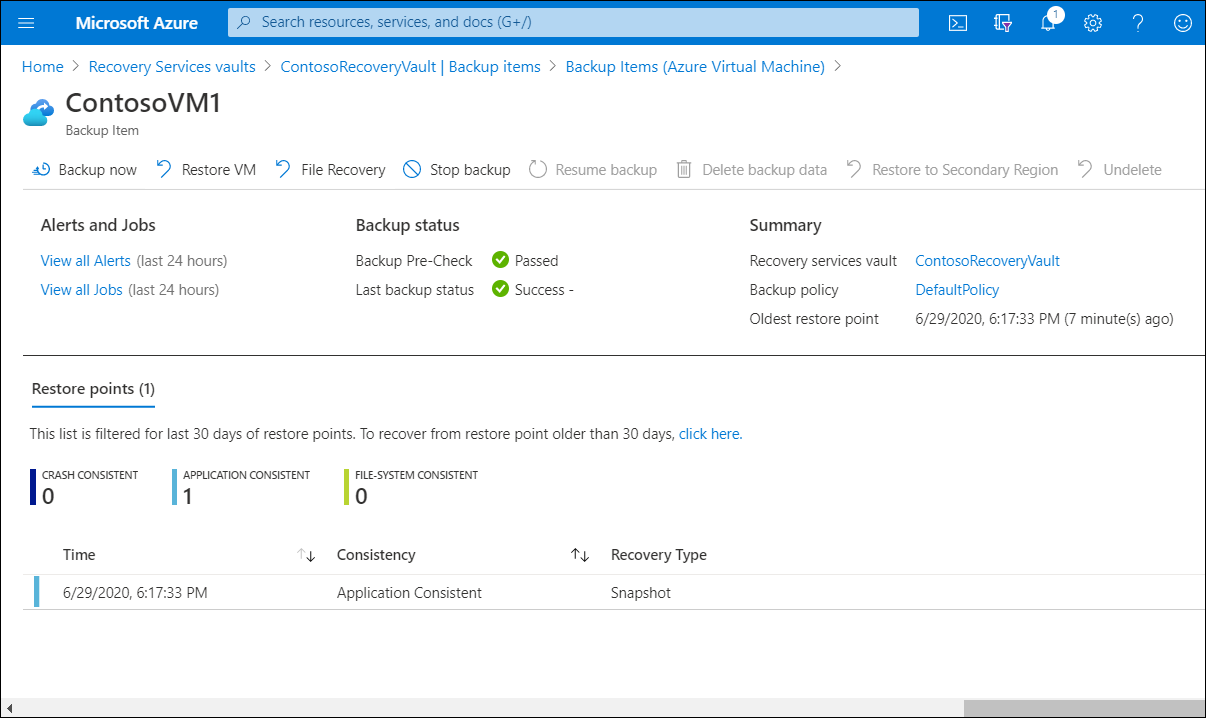 Zrzut ekranu maszyny ContosoVM1 | Blok Element kopii zapasowej w witrynie Azure Portal. Na liście znajduje się jeden punkt przywracania.